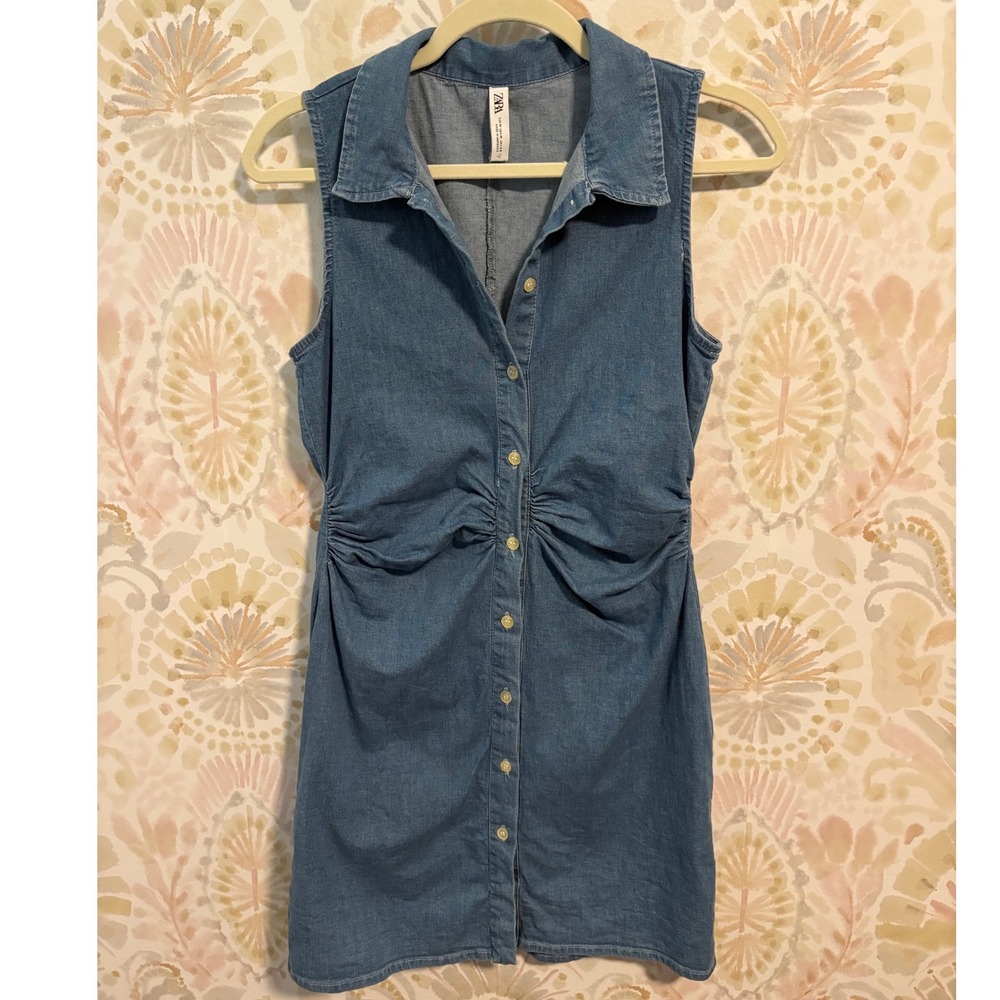 Zara Womens Blue Denim Sleeveless Ruched Button Front Mini Dress Medium Wash M